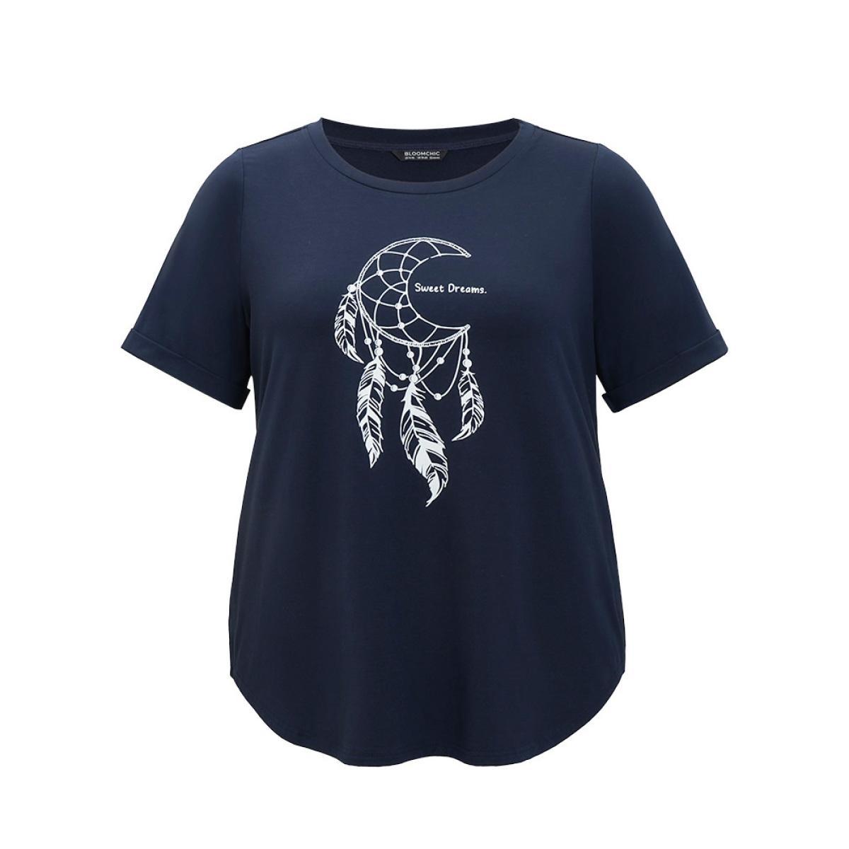 Plus Size Dream Catcher Print Arc Hem Cuffed Sleeve T-shirt Midnight Women Casual Arc Hem Art&design Dailywear T-shirts BloomChic 12/L Product Image