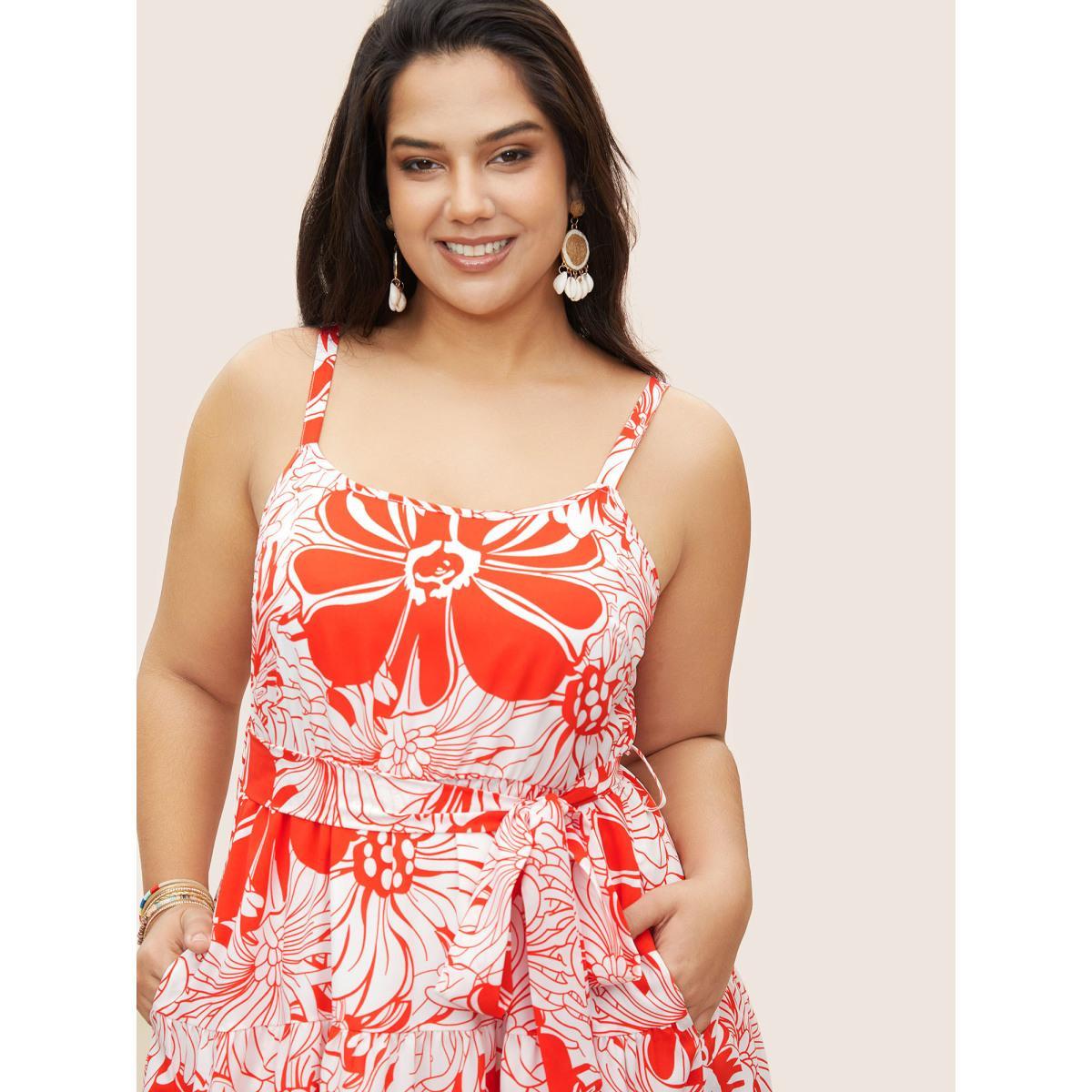Plus Size Flora Print Ruffle Layered Hem Cami Dress OrangeRed Women Resort Belted Non Sleeveless Curvy Midi Dress BloomChic 18-20/2X Product Image
