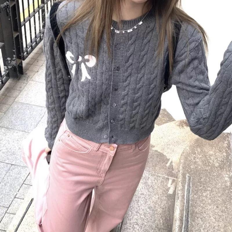 Bow Embroidered Cable-Knit Cardigan Product Image