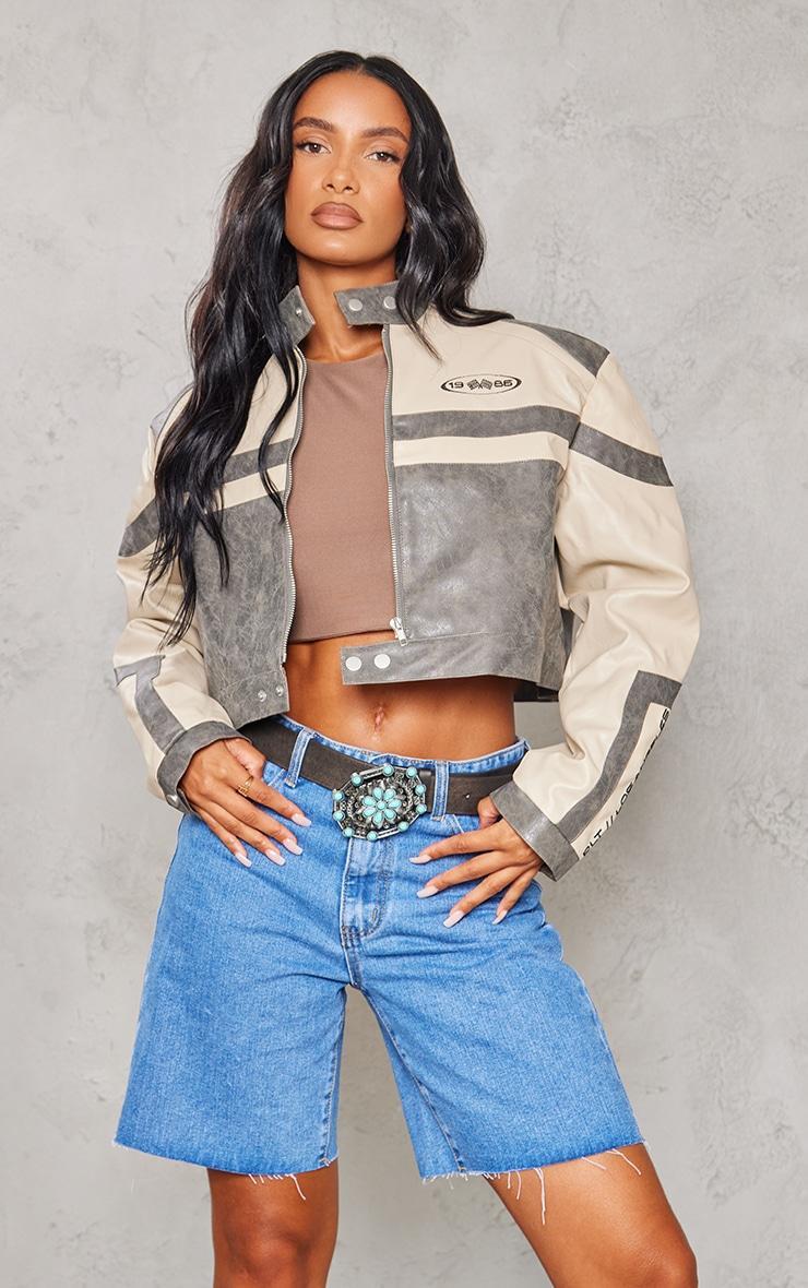 Stone Cropped Distressed Faux Leather Racer Jacket Product Image