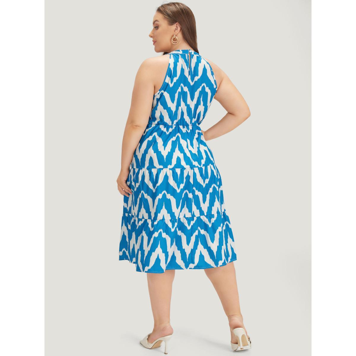 Plus Size Geometric Print Halter Pocket Ruffle Tiered Dress Blue Women Elegant Contrast Halter neck Sleeveless Curvy Midi Dress BloomChic 30/6X Product Image