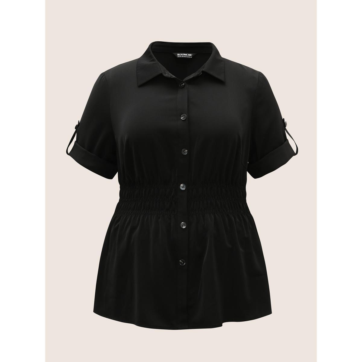 Plus Size Black Shirt Collar Button Cuff Sleeve Blouse Women Work From Home Half Sleeve Shirt collar Work Blouses BloomChic 30/6X Product Image