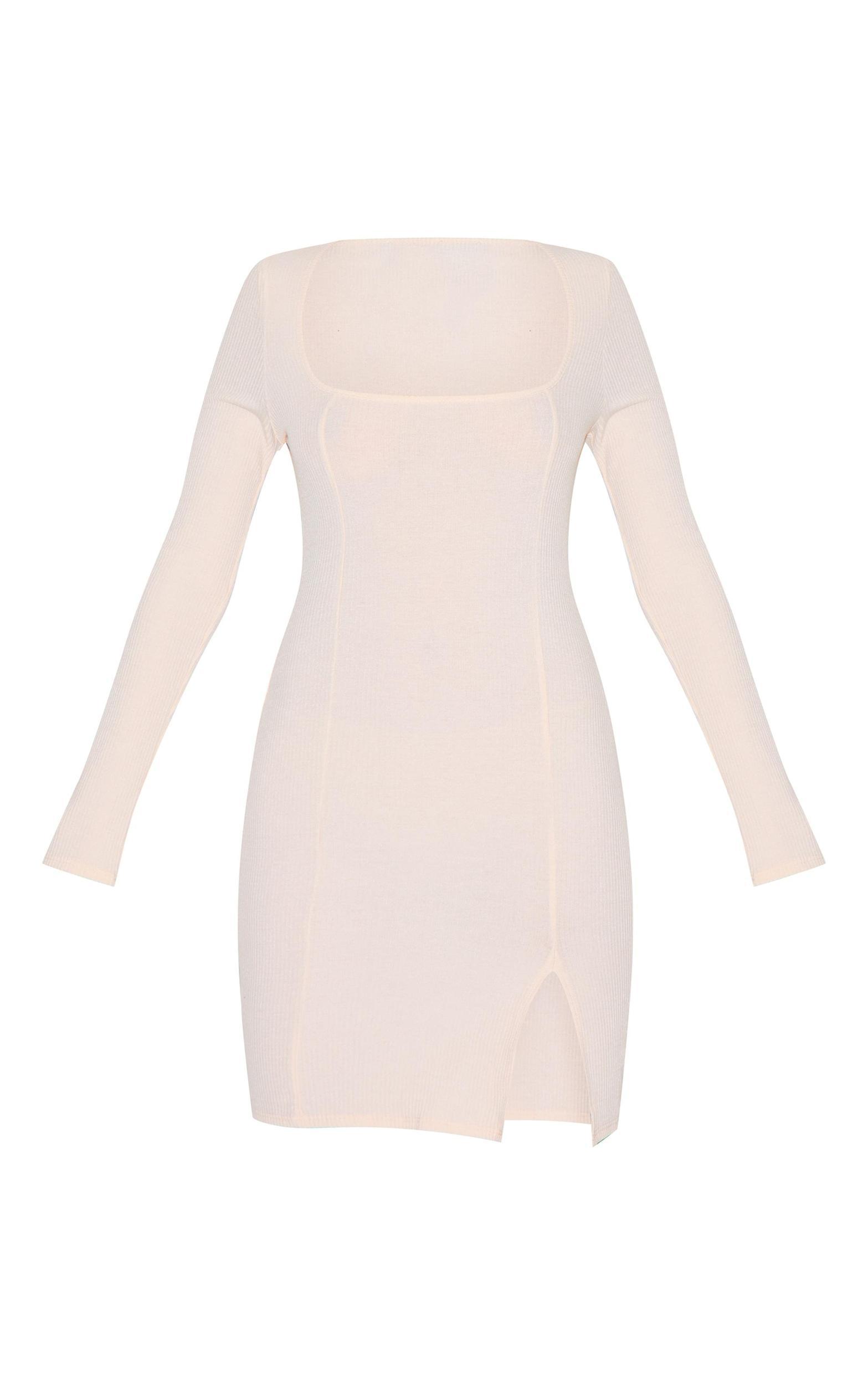 Cream Rib Split Hem Square Neck Long Sleeve Bodycon Dress Product Image