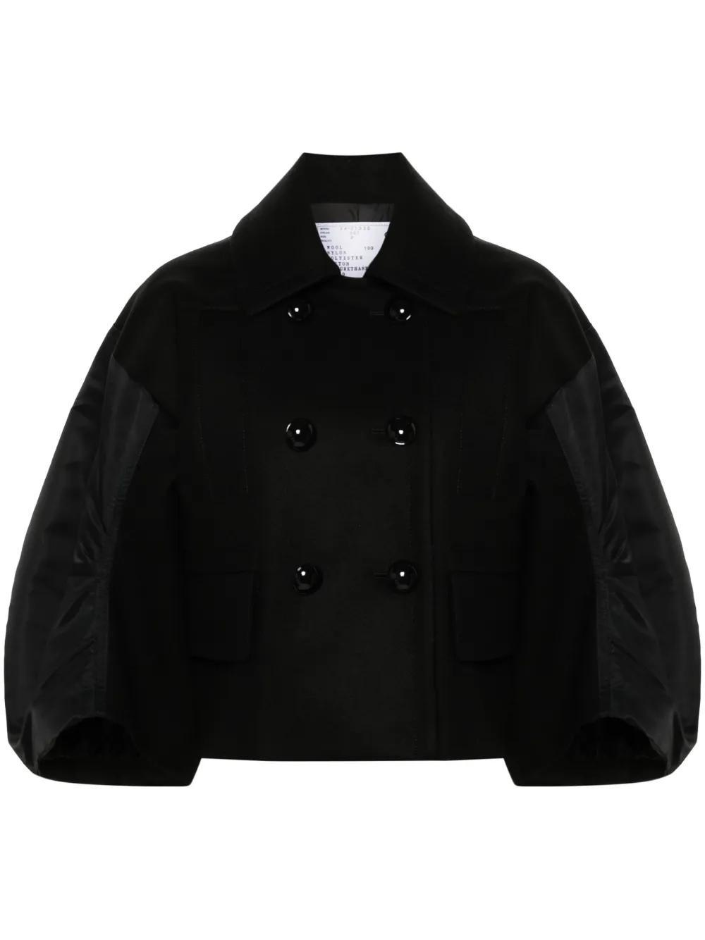 SACAI Puff Nylon-sleeve Cropped Wool Pea Coat In Black Product Image