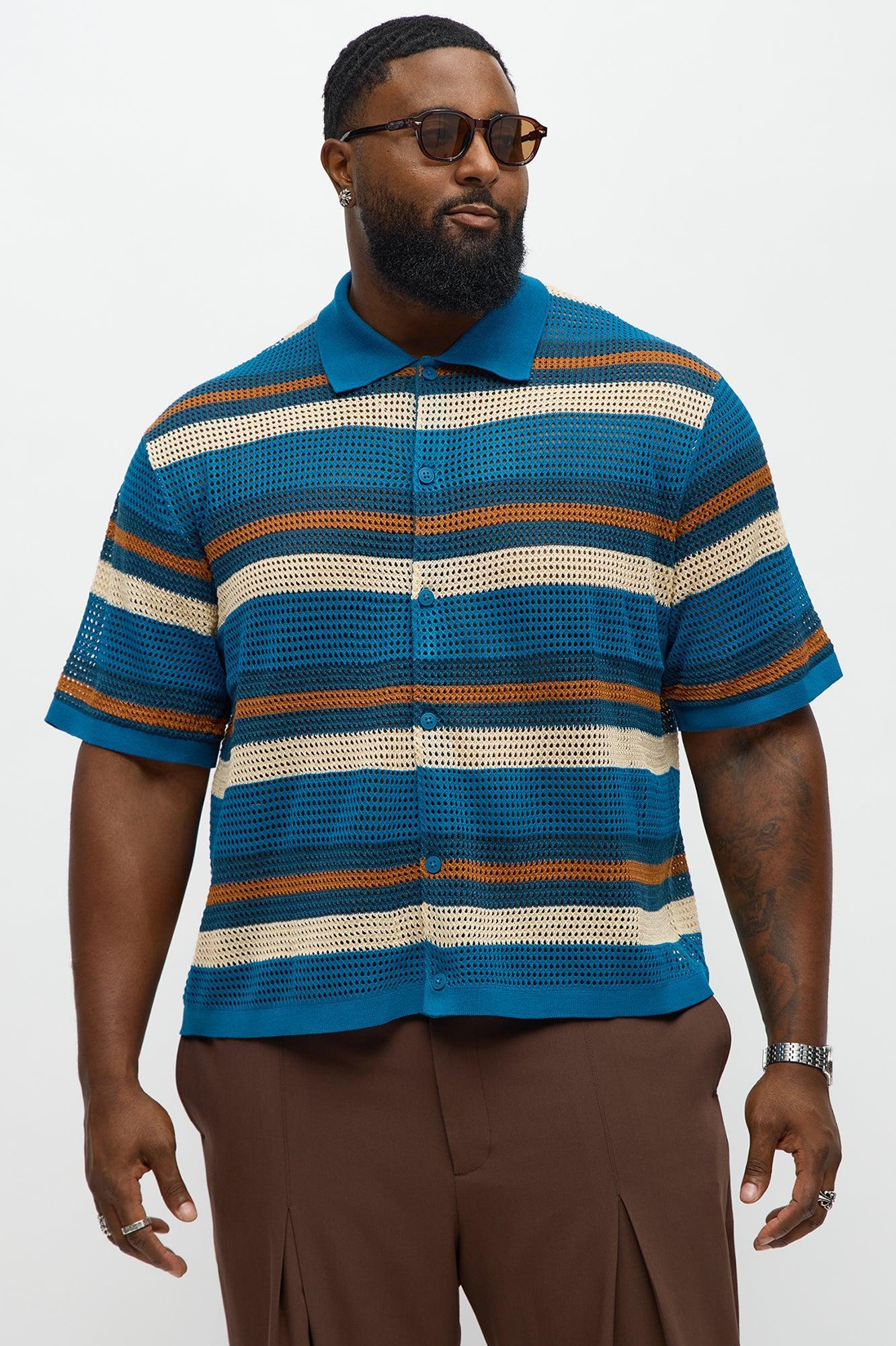 Regular Fit Striped Crochet Button Up Shirt - Blue Product Image