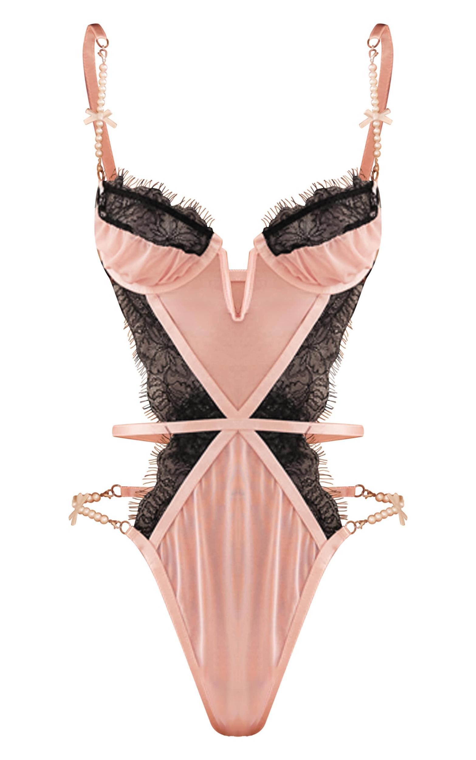 Pink Mesh Lace Trim Pearl Detail Bodysuit Product Image
