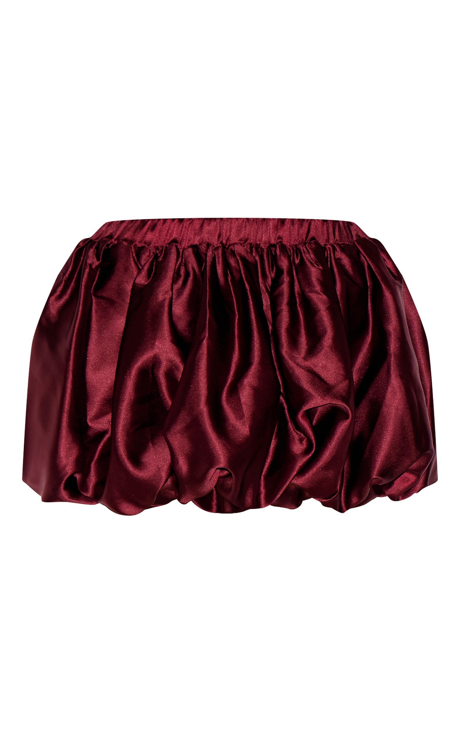 Wine Satin Elasticated Waistband Mini Puffball Skirt Product Image