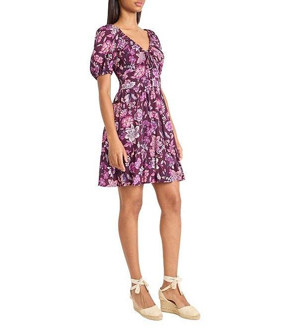 The Good Journey V-Neck Short Sleeve Floral Printed Challis Flounce Hem A-Line Dress Product Image