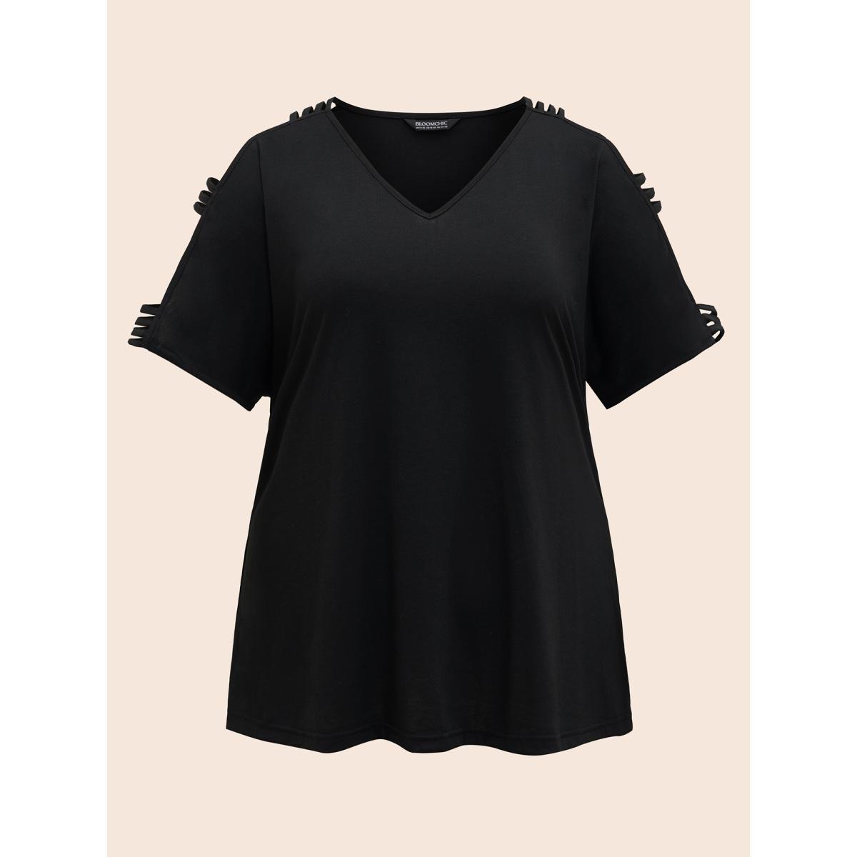 Plus Size Solid Cut Out Batwing Sleeve T-shirt Black Women Resort Cut-Out Plain V-neck Vacation T-shirts BloomChic 26/4X Product Image