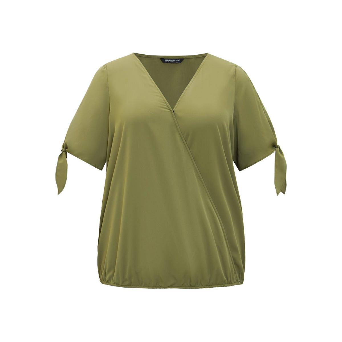 Plus Size ArmyGreen Plain Wrap Cut Out Knot Sleeve Blouse Women Office Short sleeve V-neck Dailywear Blouses BloomChic 30/6X Product Image