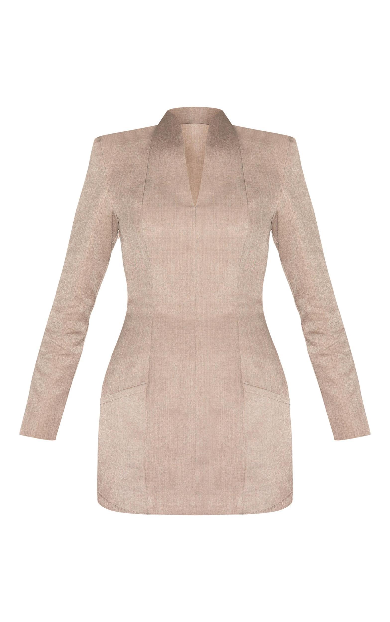  Taupe Woven Collarless Long Sleeve Blazer Dress Product Image