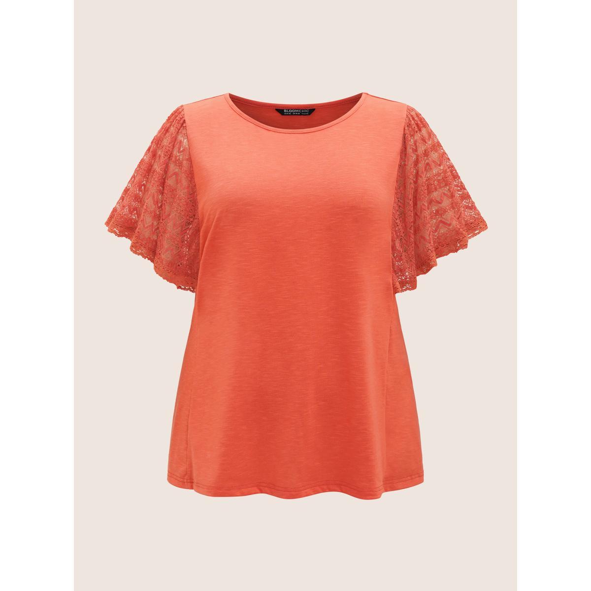 Plus Size Crochet Lace Mesh Flutter Sleeve T-shirt OrangeRed Women Resort Patchwork Round Neck Vacation T-shirts BloomChic 10/M Product Image