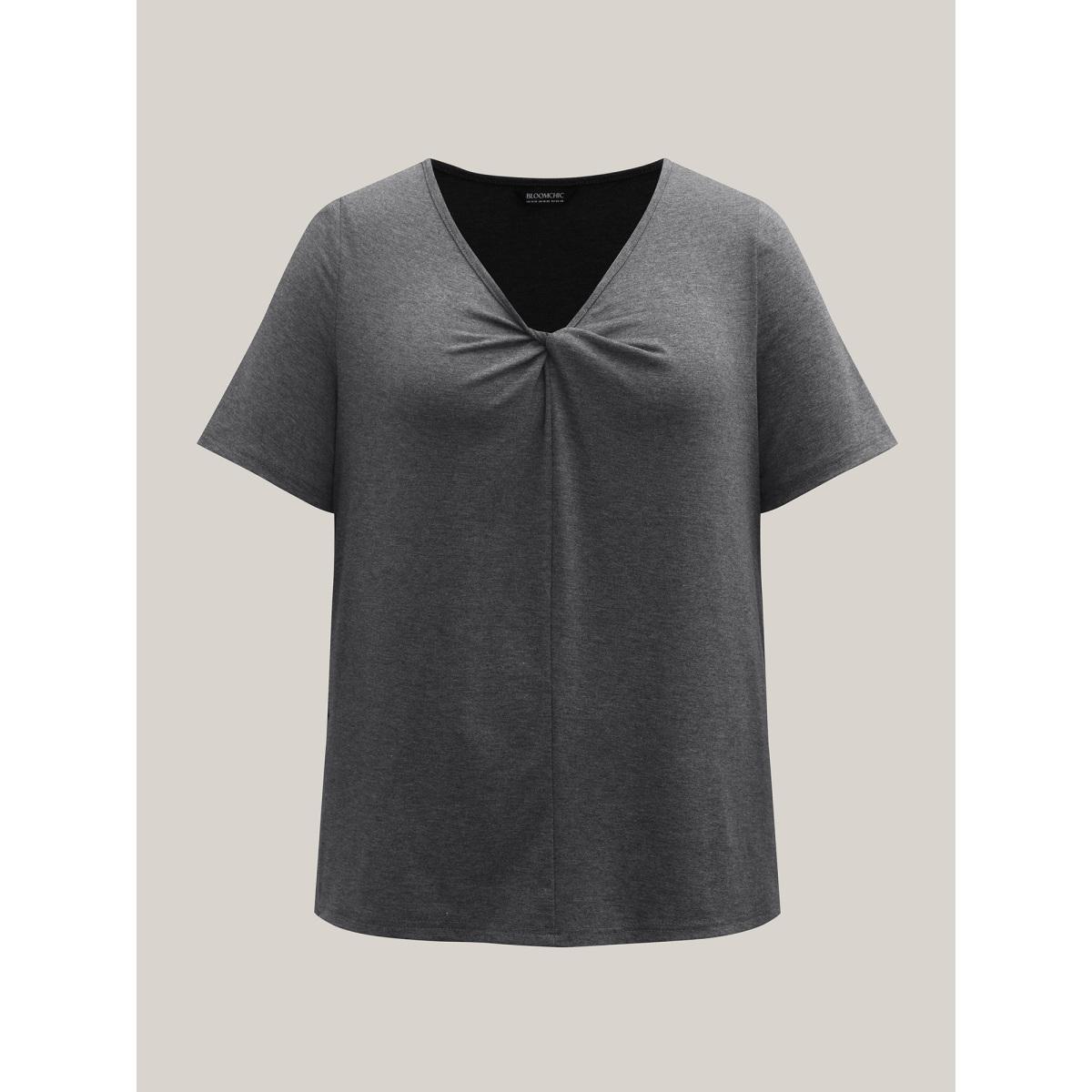 Plus Size Supersoft Cinched Neck Plain T-Shirt DimGray Women Twist Asymmetrical Neck Everyday-Casual T-shirts BloomChic 26/4X Product Image