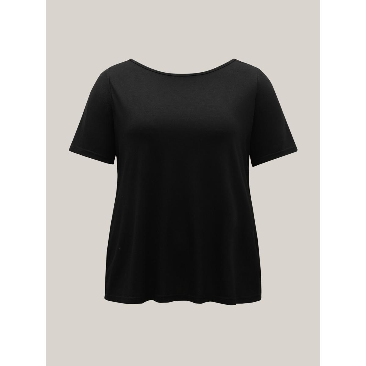 Plus Size Butterfly Back Stretchy Round Neck T-Shirt Black Women Elegant See through Round Neck Everyday T-shirts BloomChic 28/5X Product Image