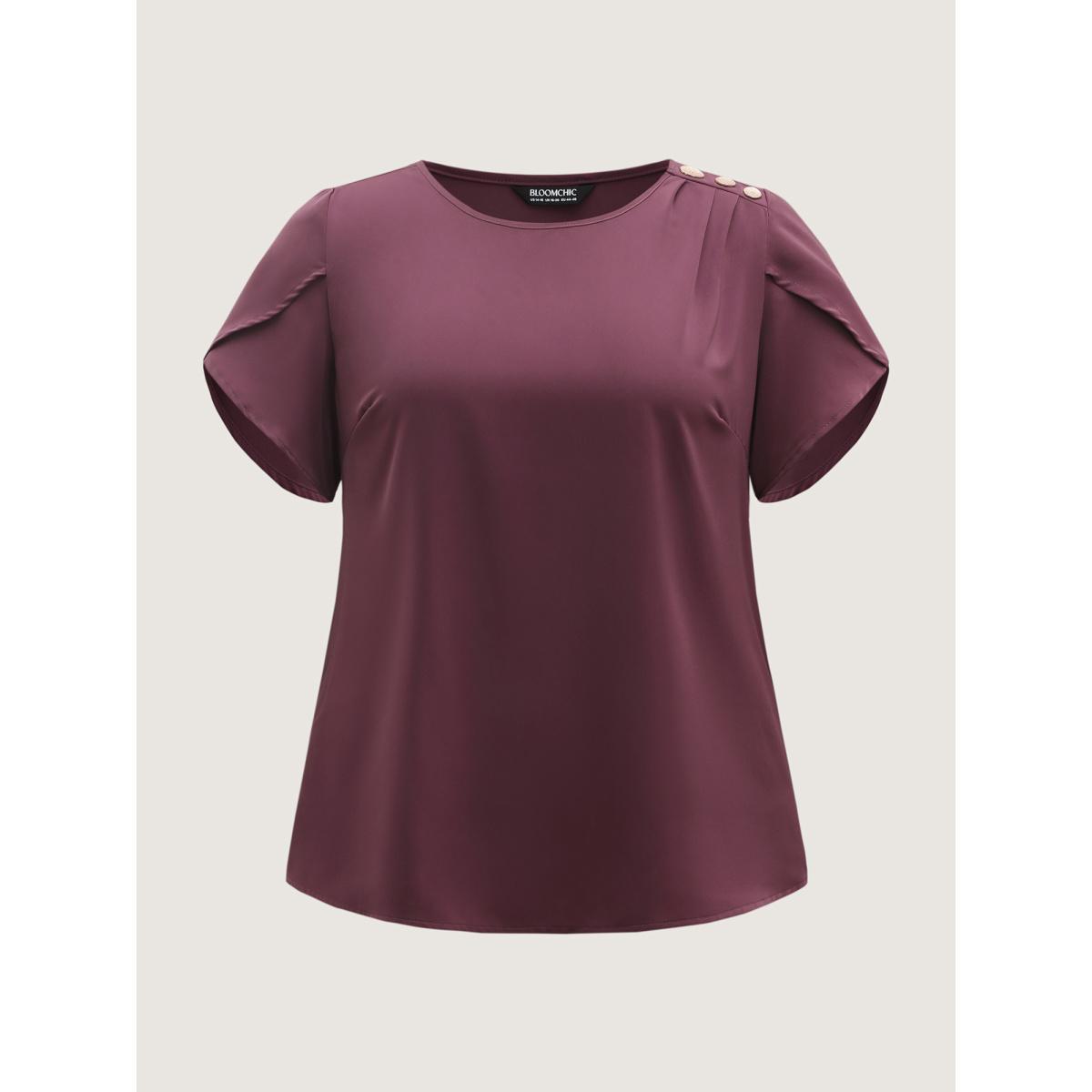 Plus Size Plum Petal Sleeve Shoulder Button Solid Blouse Women Short sleeve Round Neck Work Blouses BloomChic 18-20/2X Product Image