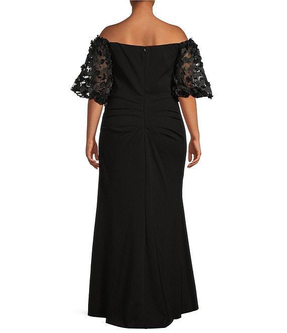 Xscape Plus Size 3D Floral Applique Scuba Crepe Off-the-Shoulder Short Puffed Sleeve Sheath Gown Product Image