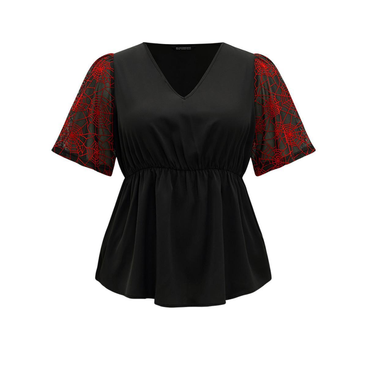 Plus Size Black Halloween Spider Web Mesh Patchwork Elastic Waist Blouse Women Office Short sleeve V-neck Festival-Halloween Blouses BloomChic 26/4X Product Image
