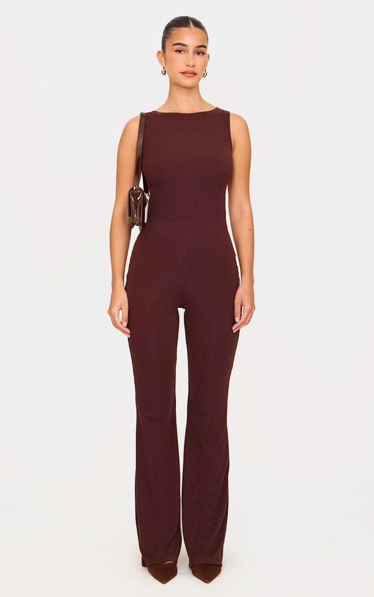 Dark Chocolate Rib Open Back Straight Leg Jumpsuit Product Image