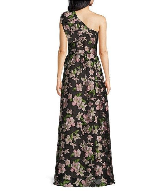 Abbey Glass Caroline Organza Floral Jacquard Asymmetrical Neck Sleeveless Bow One Shoulder Bow Pocketed A-Line Gown Product Image