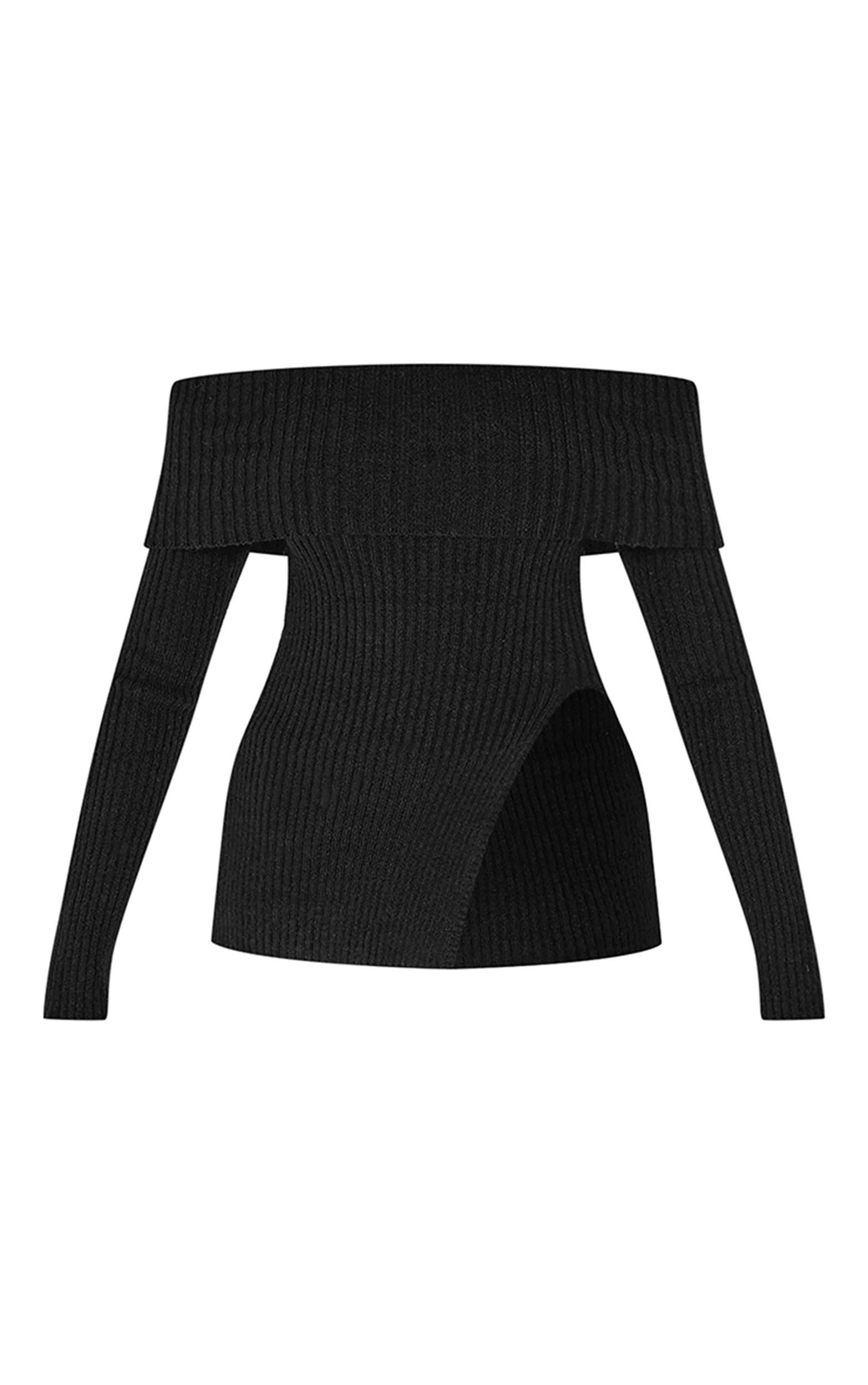 Black Fold Over Split Detail Ribbed Top Product Image