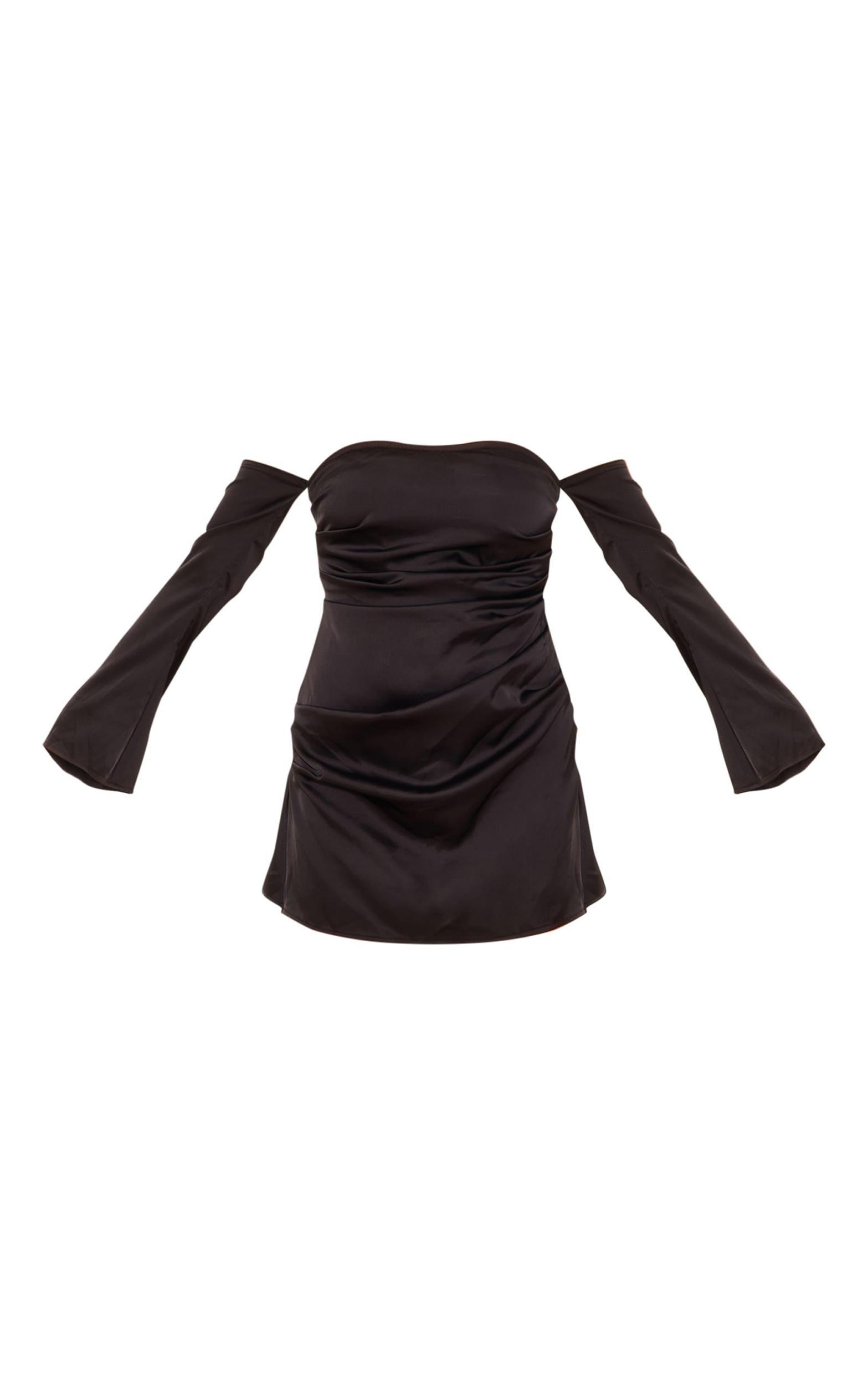 Black Satin Corset Bardot Ruched Long Flared Sleeve Shift Dress Product Image