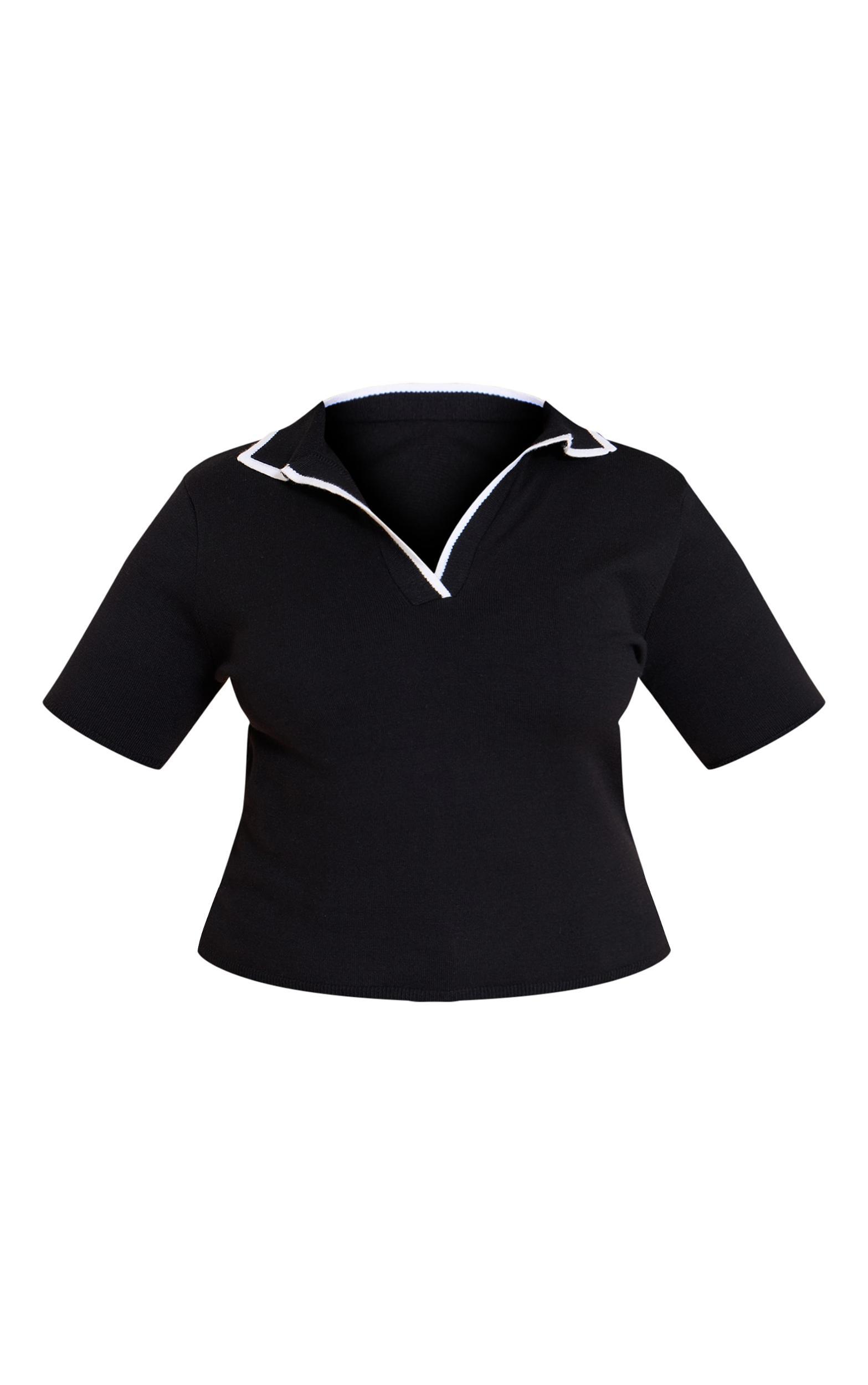 Plus Black Knitted Contrast Polo Collar Top Product Image