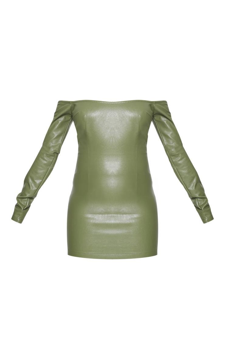 Khaki Faux Leather Bardot Long Sleeve Shift Dress Product Image
