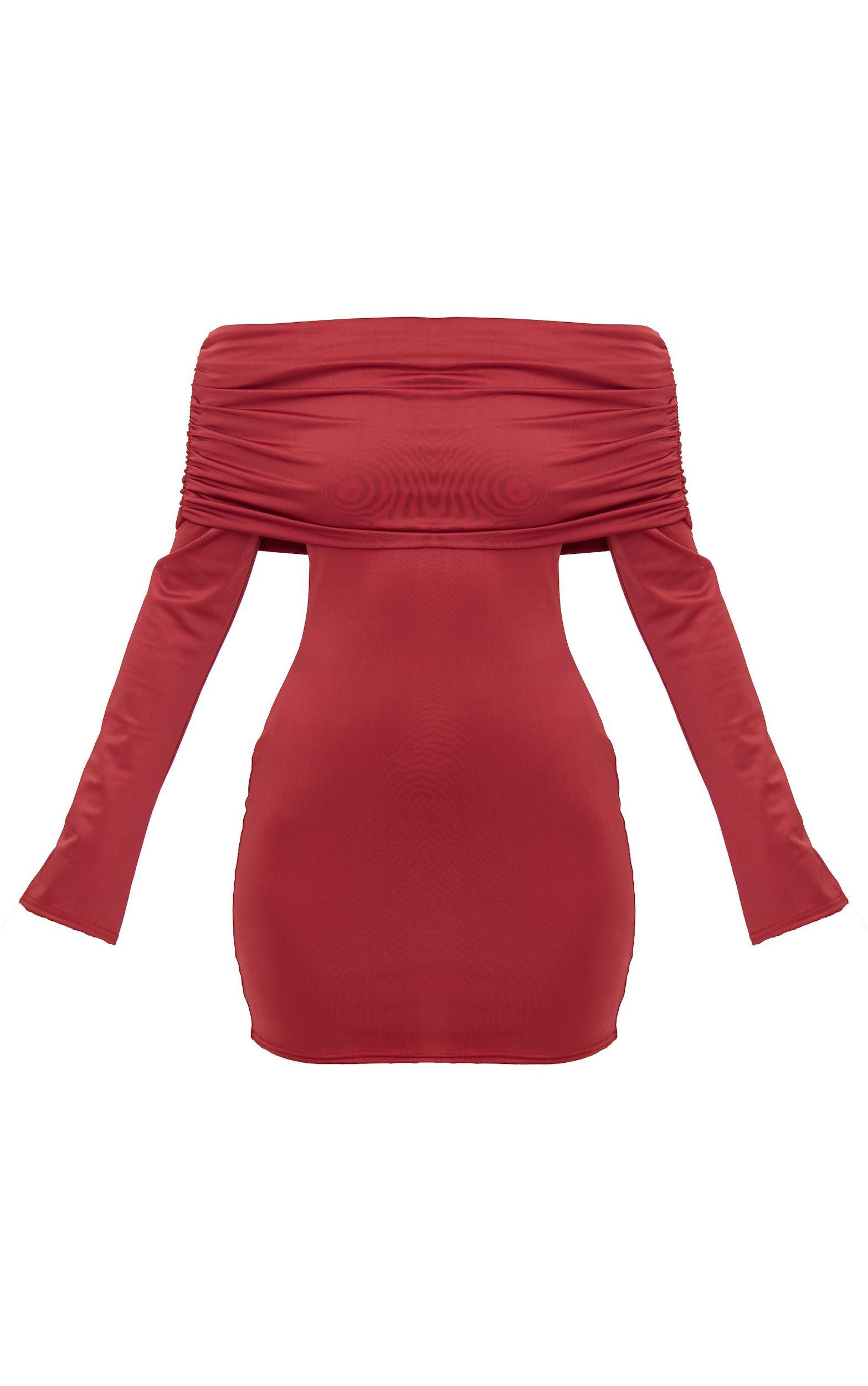 Burgundy Matte Sculpt Double Layer Foldover Bardot Long Sleeve Mini Dress Product Image