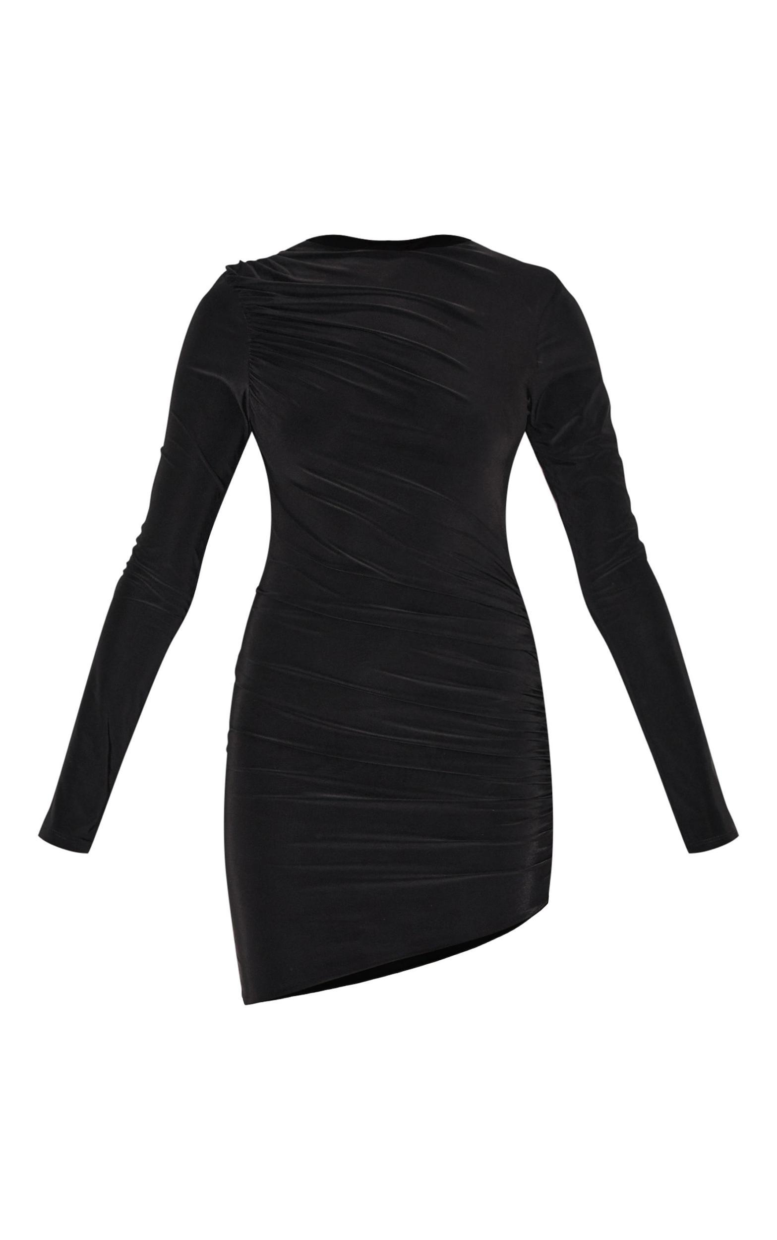 Black Double Layer Slinky Ruched Long Sleeve Mini Dress Product Image