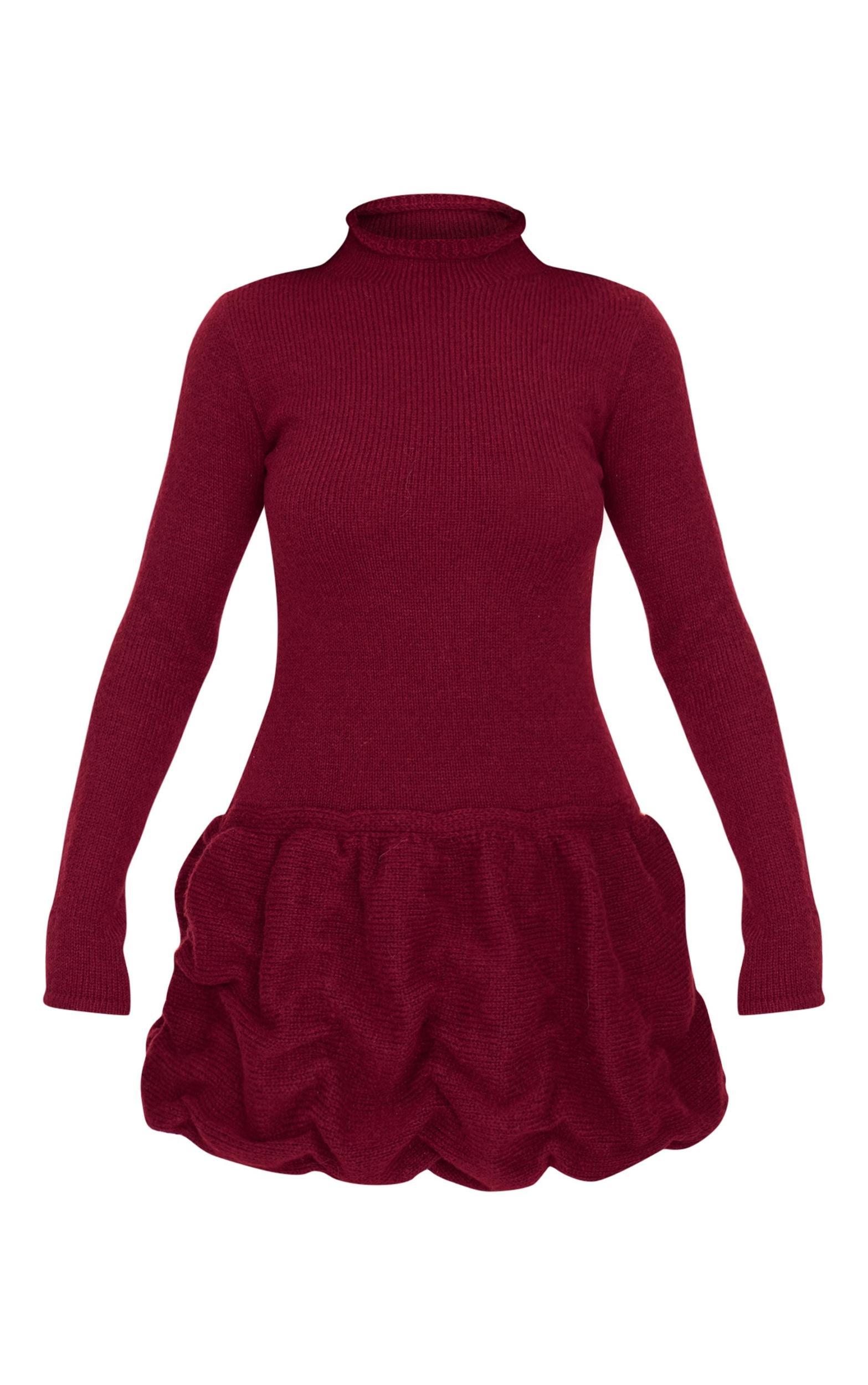 Burgundy High Neck Knitted Puffball Mini Dress Product Image