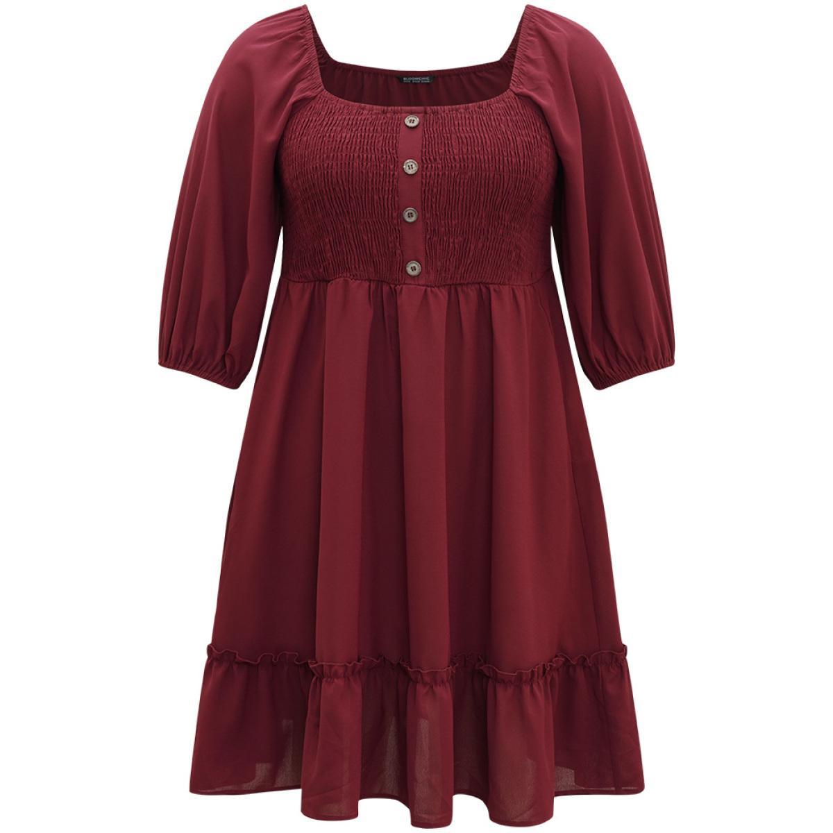 Plus Size Shirred Pocket Button Detail Frill Trim Dress Burgundy Women Casual Elastic cuffs Square Neck Elbow-length sleeve Curvy Knee Dress BloomChic 22-24/3X Product Image