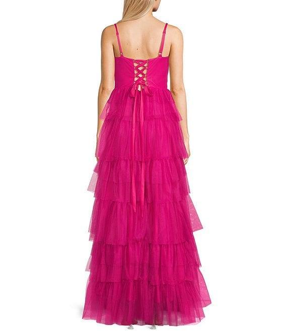 Blondie Nites Mesh Bow Cutout Sweetheart Neck Tie Back Tiered Ball Gown Product Image