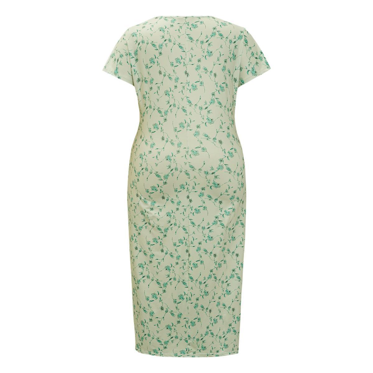 Plus Size Floral Printed Split Hem Cap Sleeve Ruched Dress Mint Women Glamour Slit V-neck Cap Sleeve Curvy Midi Dress BloomChic 26/4X Product Image