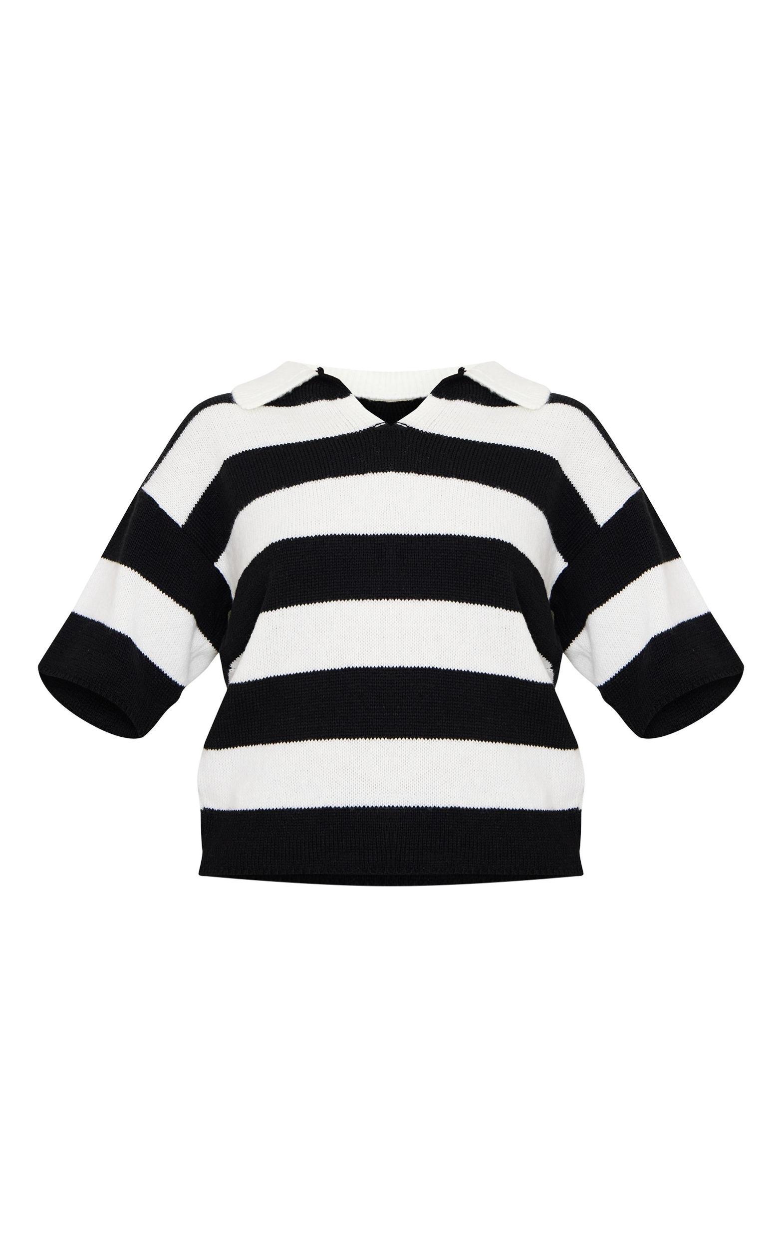 Monochrome Stripe Knit V Neck Oversized Rugby Top Product Image