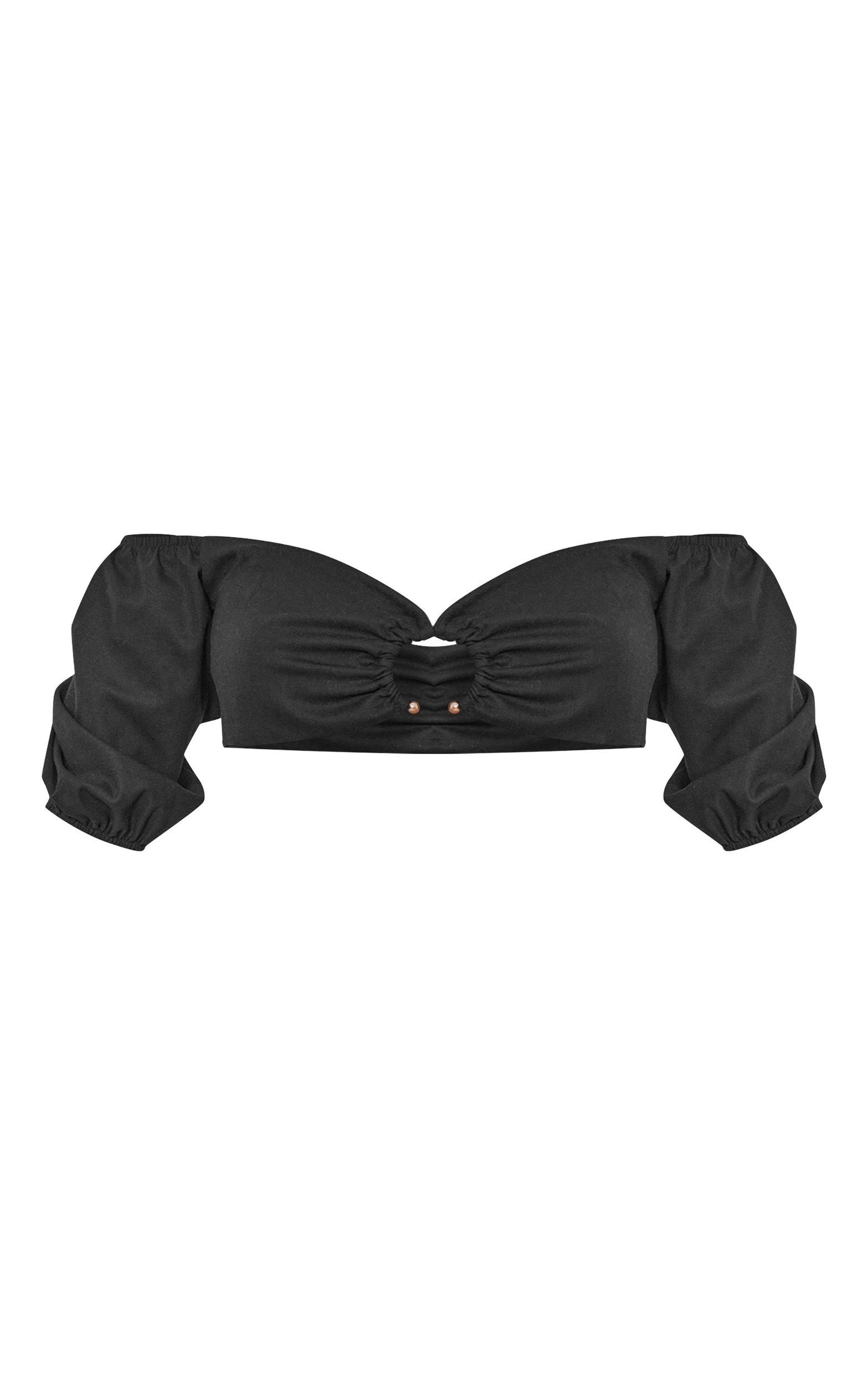 Black Linen Look Cropped Ring Detail Top Product Image