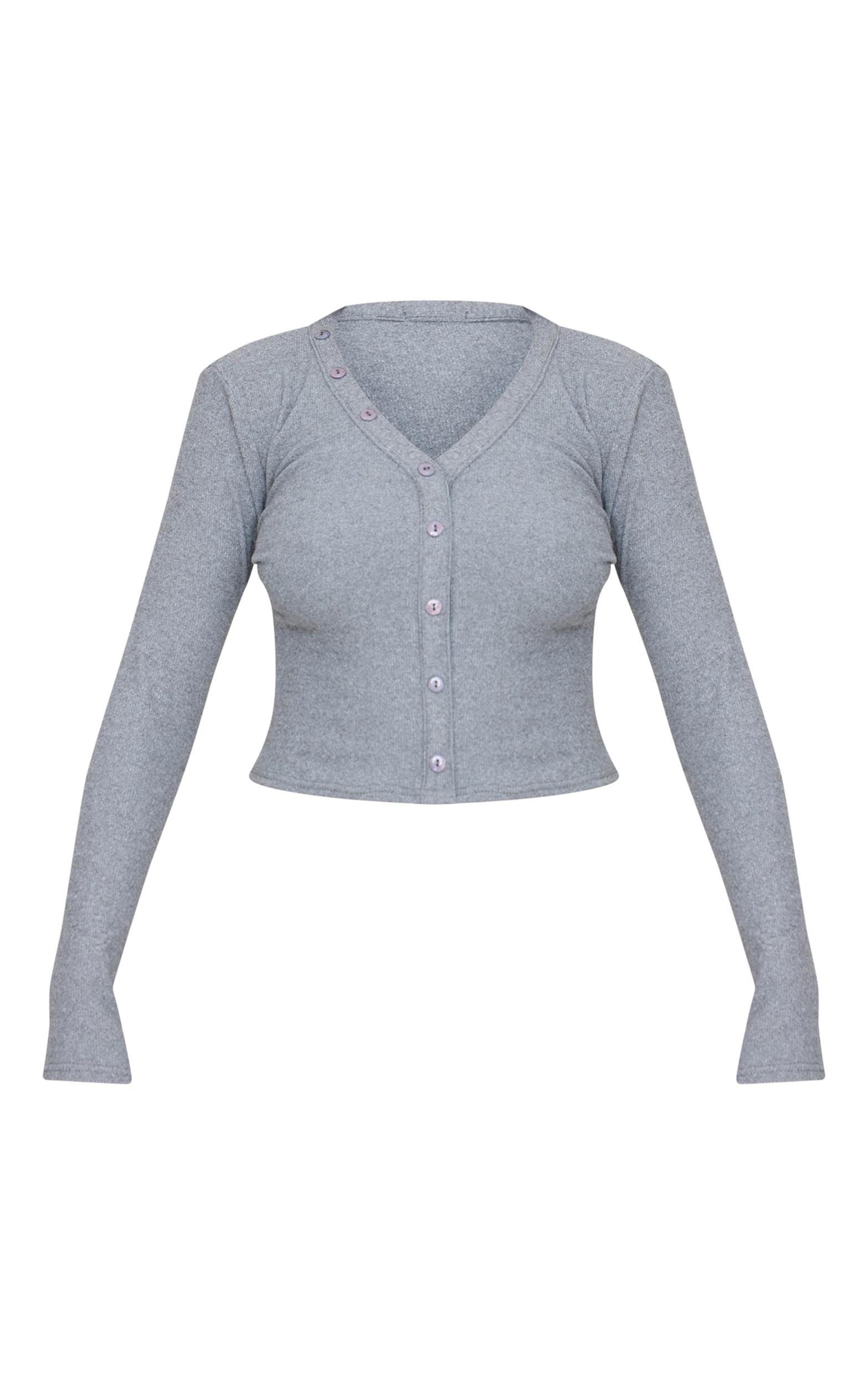 Charcoal Soft Touch Rib Asymmetric Button Down Long Sleeve Top Product Image