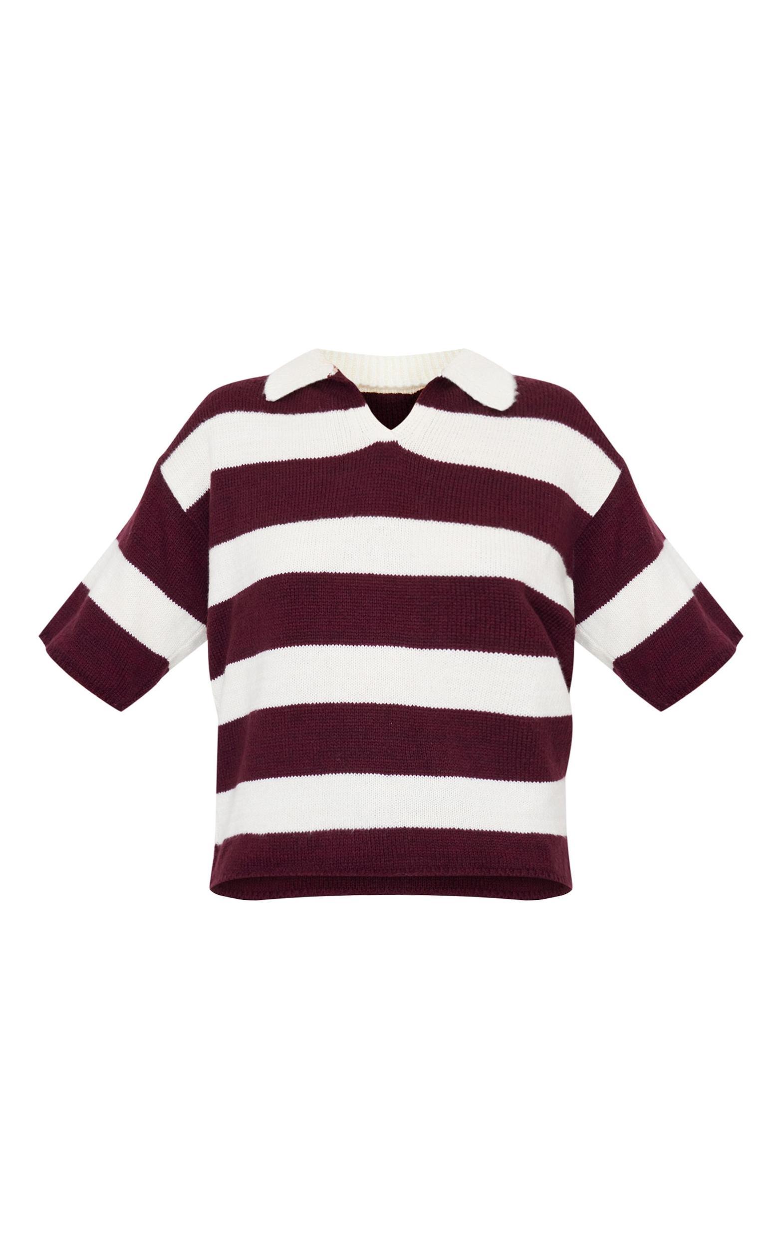 Burgundy Stripe Knit V Neck Oversized Rugby Top Product Image