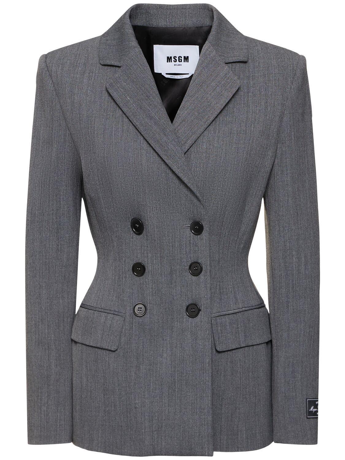 MSGM Fitted Double Breast Wool Blend Jacket In Grey Product Image