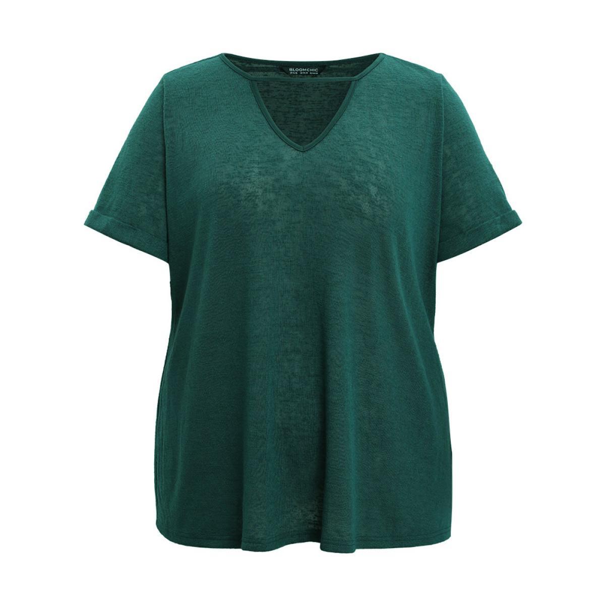 Plus Size Solid Keyhole Mesh Cuffed Sleeve T-shirt DarkGreen Women Casual See through Plain Keyhole Cut-Out Dailywear T-shirts BloomChic 14-16/1X Product Image