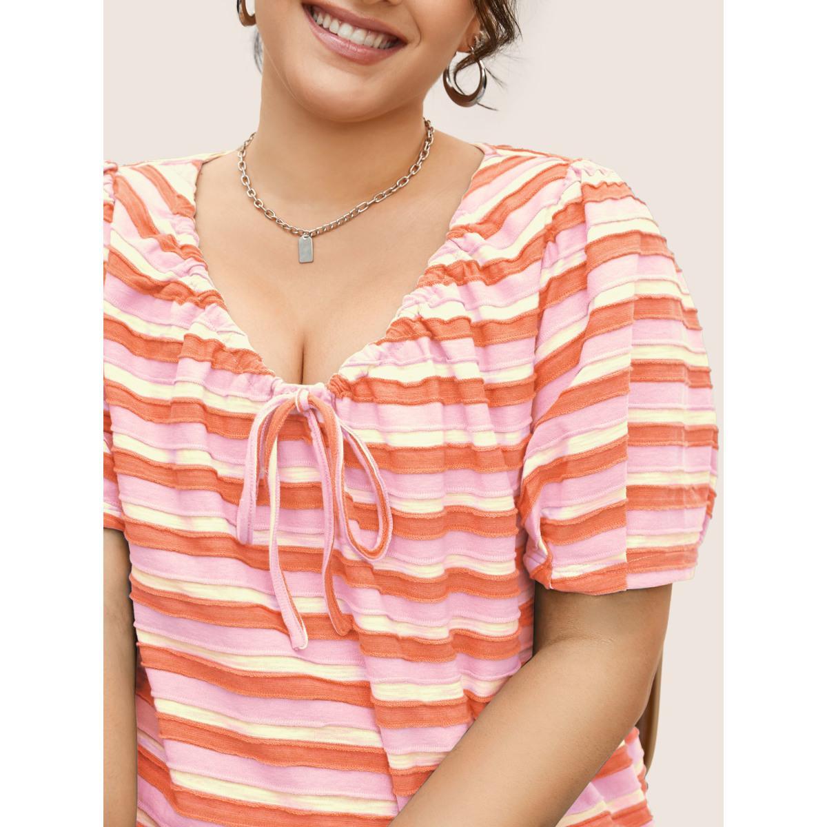 Plus Size V Neck Textured Striped Tie Knot T-shirt Blush Women Casual Texture V-neck Everyday T-shirts BloomChic 30/6X Product Image