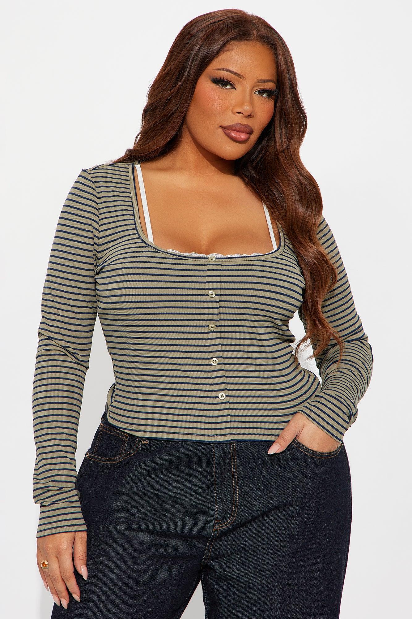 Channa Striped Ribbed Long Sleeve Top - Olive/combo Product Image