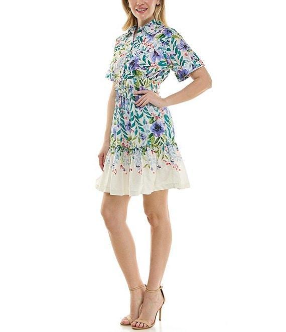 Moda Tara Cotton Floral Print Button Front Collar Tiered Shirt Dress Product Image