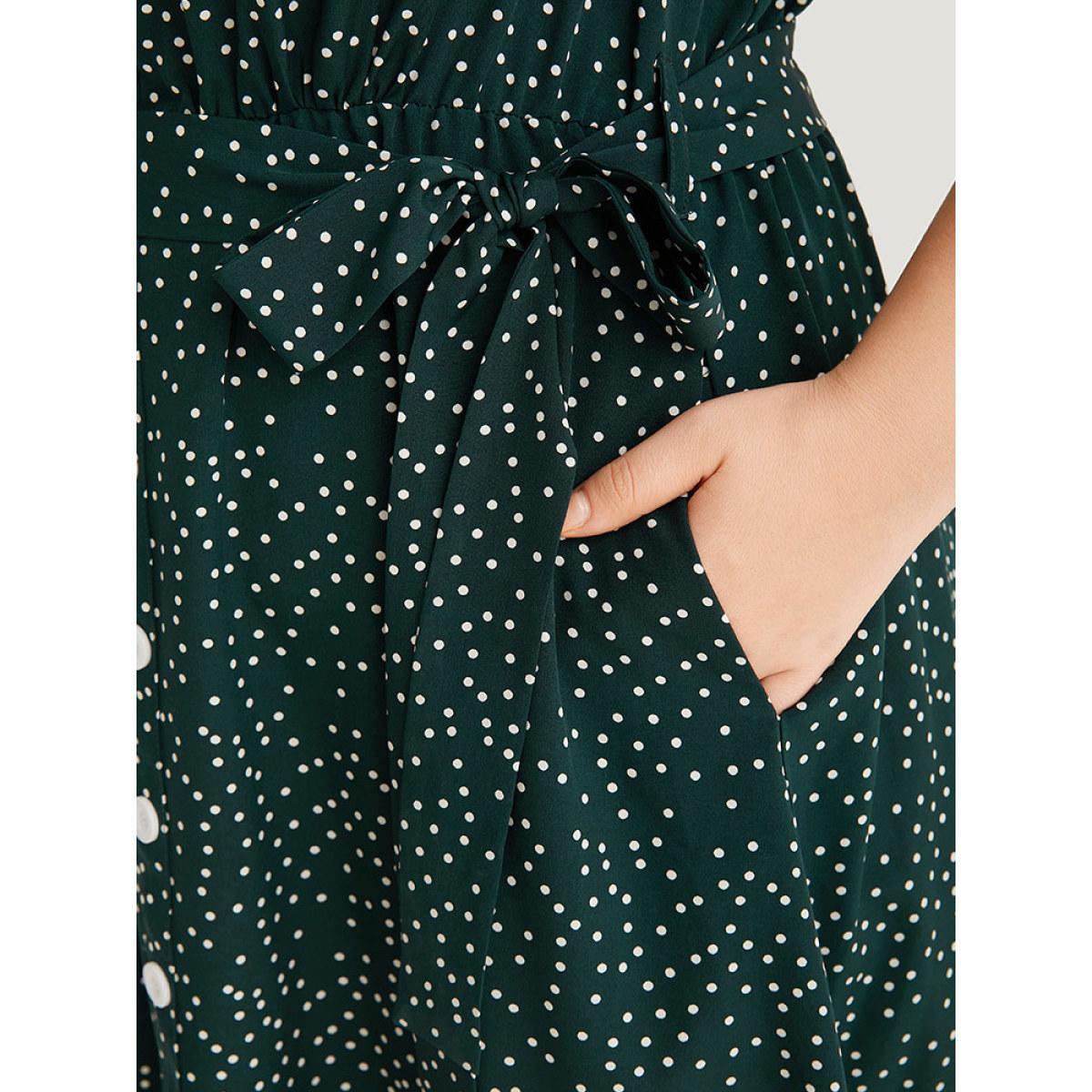 Plus Size Polka Dot Flutter Trim Button Detail Belted Dress Teal Women Office Belted V-neck Sleeveless Curvy Midi Dress BloomChic 22-24/3X Product Image