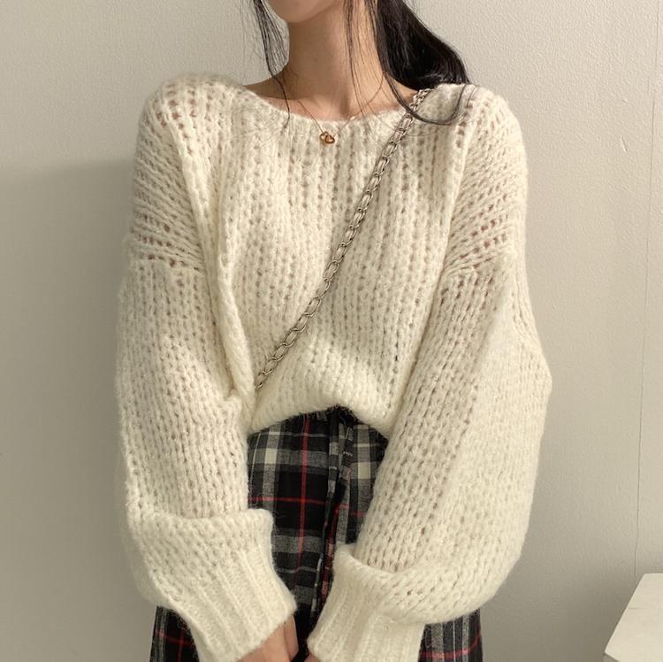 Lantern Sleeve Round Neck Oversized Sweater Product Image
