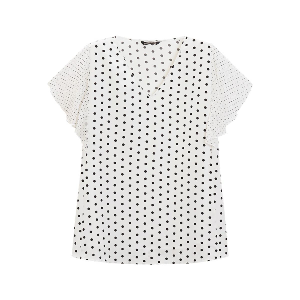 Plus Size White Polka Dot Patchwork Mesh Flutter Sleeve Blouse Women Office Short sleeve V-neck Work Blouses BloomChic 26/4X Product Image