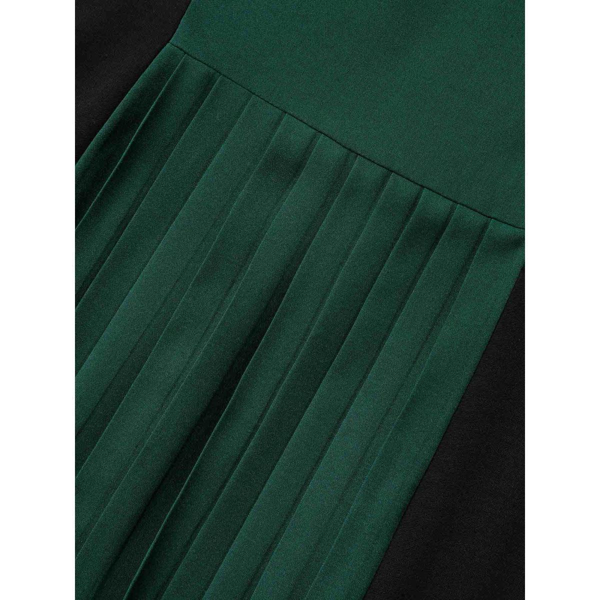 Plus Size Color Block V-Neck Pleated Midi Dress DarkGreen Women At the Office Contrast V-neck Elbow-length sleeve Curvy BloomChic 30/6X Product Image