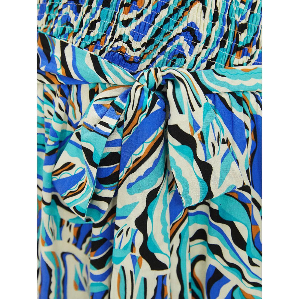 Plus Size Water Ripple Print Shirred Pocket Belted Cami Dress Arctic Women Elegant Pocket Spaghetti Strap Sleeveless Curvy Knee Dress BloomChic 30/6X Product Image