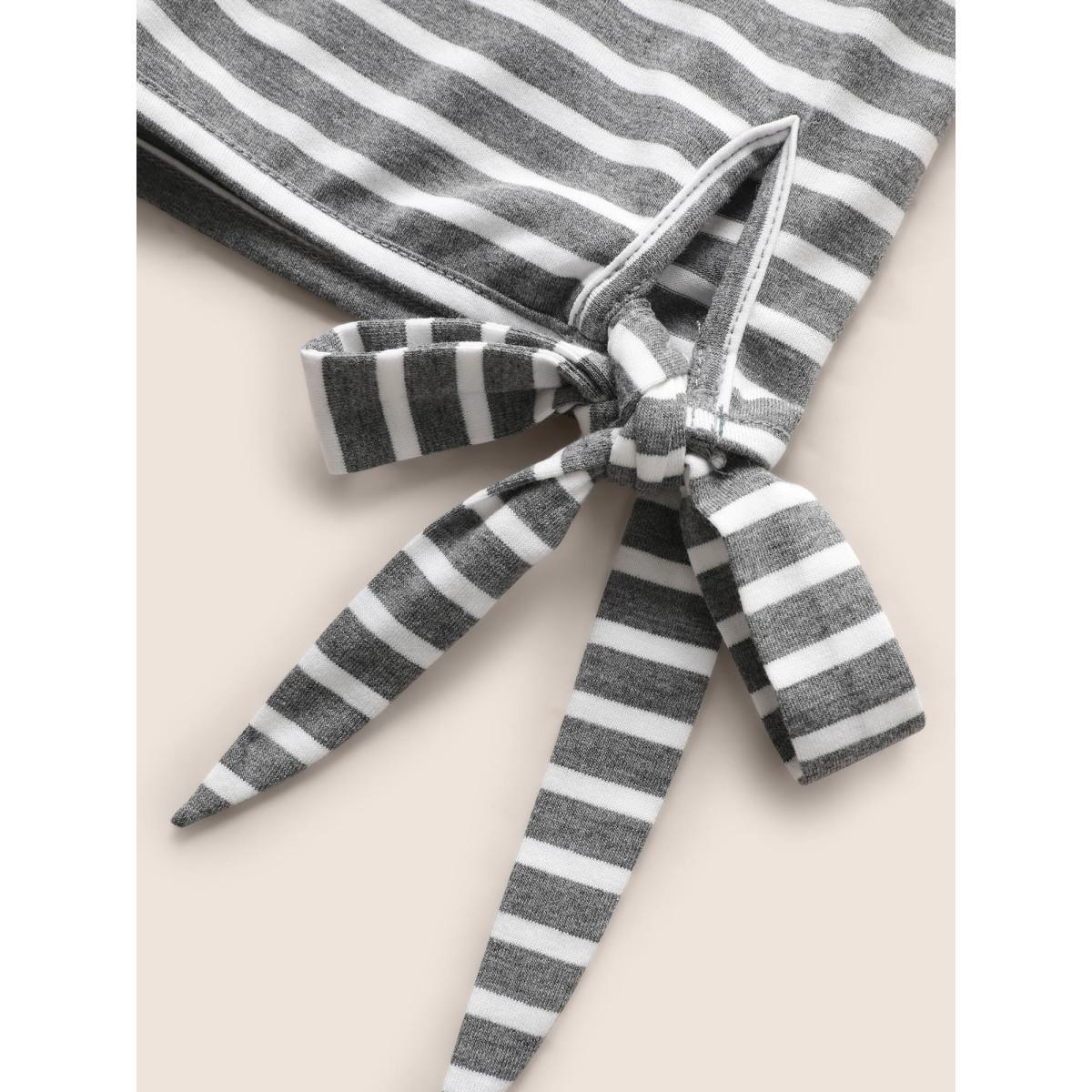 Plus Size Striped Boat Neck Tie Knot T-shirt DimGray Women Casual Tie knot Boat Neck Everyday T-shirts BloomChic 22-24/3X Product Image