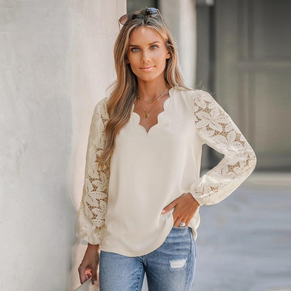 Women's Floral Lace Scalloped V Neck Top - Cupshe Product Image