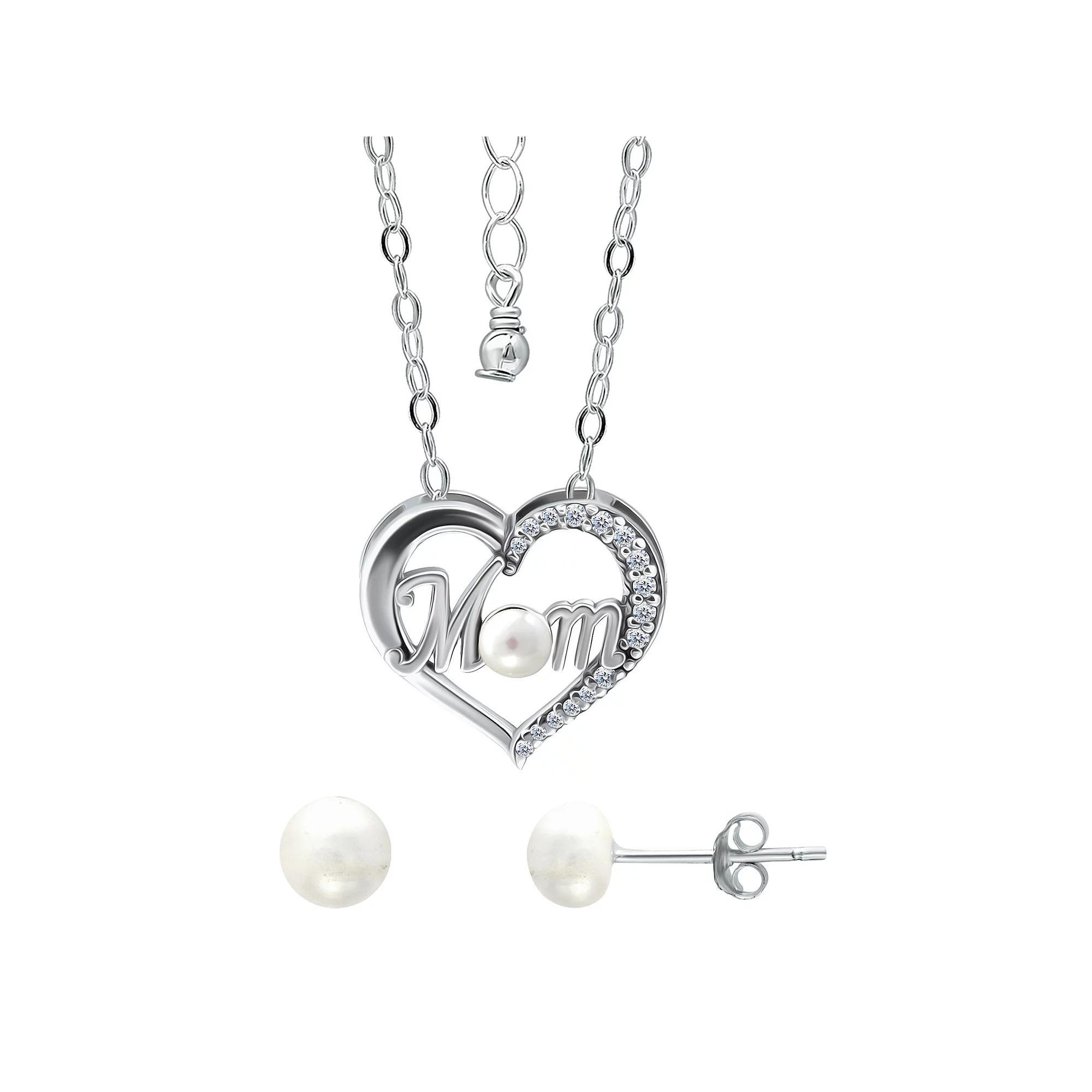 Aleure Precioso 18k Gold Over Silver Cubic Zirconia & Freshwater Cultured Pearl "Mom" Heart Pendant Necklace & Stud Earrings Set, Women's, Size: 18", Sterling Silver White Product Image